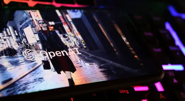 Viersen, Almanya - 1 Mart. 2024: Bilgisayar klavyesindeki video Yapay Zeka yaratıcısına yazılmış Sora metninin logo harfleriyle akıllı telefon ekranının kapatılması