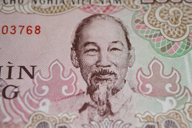 Ho Chi Minh 'in Vietnam Dong banknotundaki yakın plan portresi.