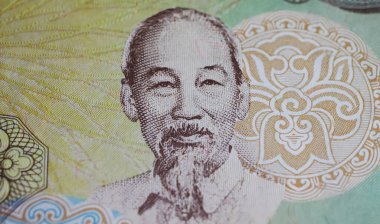 Ho Chi Minh 'in Vietnam Dong banknotundaki yakın plan portresi.