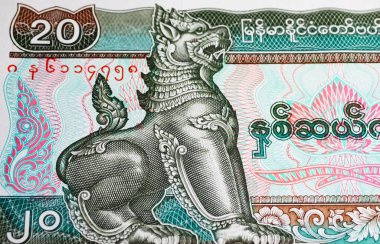 Myanmar Kyat banknotu üzerine sembolik leograf Çin aslanı burmalı (merkeze odaklan)