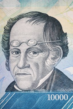 Filozof ve eğitimci Simon Rodriguez 'in Venezuela' daki portresi 10000 Bolivar para birimi banknotu (merkeze odaklan)