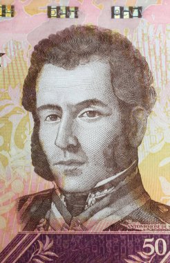 Antonio Jose de Sucre 'nin Venezuela Bolivar para birimi banknotu üzerine portresi (merkeze odaklan)