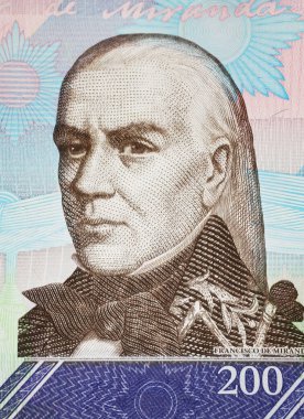 Askeri lider Francisco de Miranda 'nın portresi Venezuela Bolivar para birimi banknotu üzerine (merkeze odaklan)