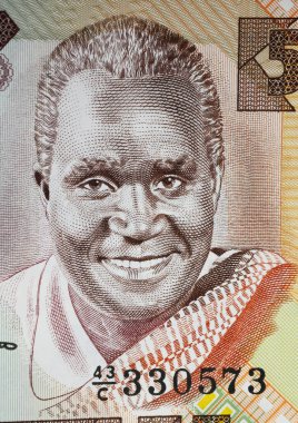 Eski başkan Kenneth Kaunda 'nın Zambia 5 Kwacha para birimi banknotu üzerine portresi (merkeze odaklan)
