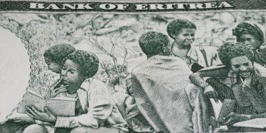 Group of learning students Eritrea one Nafka currency banknote (focus on center) clipart