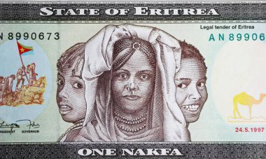 Eritre 'deki Afrikalı çocuklar Nakfa para birimi banknotu (merkeze odaklan)