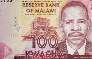 James Frederick Sangala 'nın Malawi 100 Kwacha para birimi banknotu üzerine portresi (merkeze odaklan)