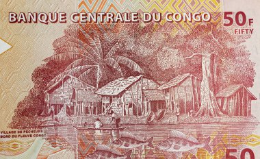 Kongo 'daki Balıkçı Nehri Köyü 50 Frank para birimi banknotu (merkeze odaklan)
