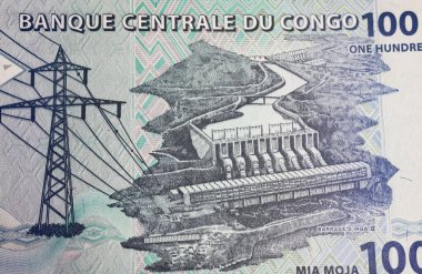 Hidroelektrik Inga II barajları ve düşüşü Kongo 100 frank para birimi banknotu (merkeze odaklan)