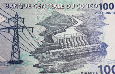 Hydroelectric Inga II dams and falls on Congo 100 Francs currency banknote (focus on center) clipart