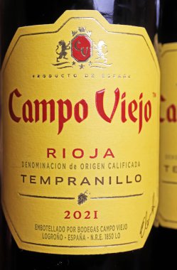 Viersen, Germany - May 9. 2024: Closeup of spanish Campo Viejo Rioja Tempranillo red wine bottle label clipart