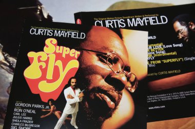 Viersen, Germany - May 9. 2024: Closeup of soul singer Curtis Mayfield soundtrack soul funk  album cover Super Fly from 1972 clipart