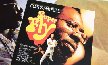 Viersen, Germany - May 9. 2024: Closeup of soul singer Curtis Mayfield soundtrack soul funk  album cover Super Fly from 1972 clipart