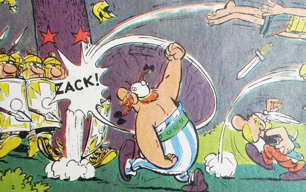 Viersen, Almanya - 9 Mayıs. 2024: Asterix ve Oburiks çizgi romanlarında Romalılara karşı tipik savaş sahnesi