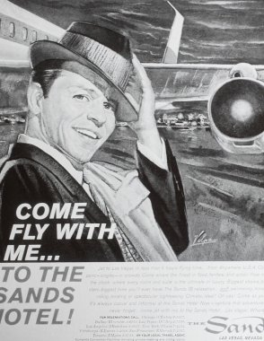 Viersen, Almanya - 9 Mayıs. 2024: Las Vegas için eski bir retro dergisi reklamı The Sands Oteli 60 'lardan Frank Sinatra ile