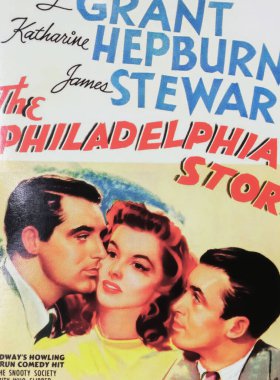Viersen, Almanya - 9 Mayıs. 2024: Cary Grant, Katharine Hepburn, 1940 'tan James Stewart' ın oynadığı The Philadelphia Story filminin film afişi.