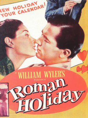 Viersen, Almanya - 9 Mayıs. 2024: William Wyler 'ın romantik komedi filmi Roman Holiday' in 1953 yapımı filmi Gregory Pack ve Audrey Hepburn 'ün afişi.