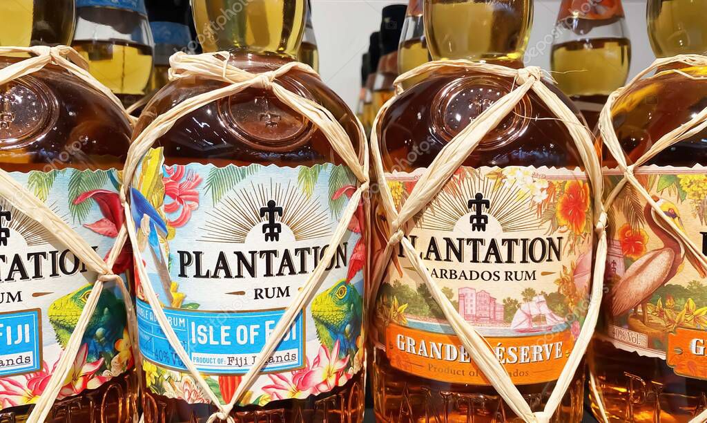 Viersen, Germany - Juin 9. 2024: Bottles Plantation rum from Barbados in german store