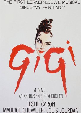 Viersen, Almanya - 9 Mayıs. 2024: Klasik müzikal film Gigi 'nin resmi Sinema film posteri 1958' den Leslie Caron ile (merkeze odaklan)