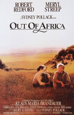 Viersen, Almanya - 9 Mayıs. 2024: Meryl Streep ve Robert Redford ile birlikte orijinal Afrika dışından Siney Pollack film afişi ayrıntıları (merkeze odaklan)