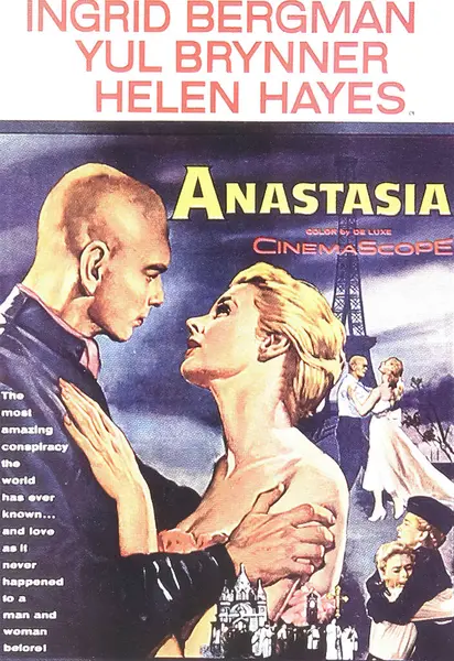 stock image Viersen, Germany - May 9. 2024: Official Cinema film poster from classic movie Anastasia with Ingrid Bergmann and Yul Brynner from 1956  (focus on center)