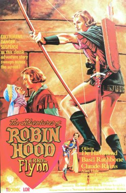 Viersen, Almanya - 9 Mayıs. 2024: Robin Hood 'un Maceraları film afişi Errol Flynn ve Olivia de Havilland ile 1938' den itibaren (merkeze odaklan)