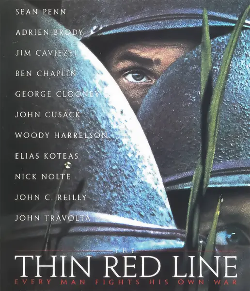 stock image Viersen, Germany - May 9. 2024: The Thin Red Line epic war film cinema poster detail with Sean Penn from 1998 (focus on center)