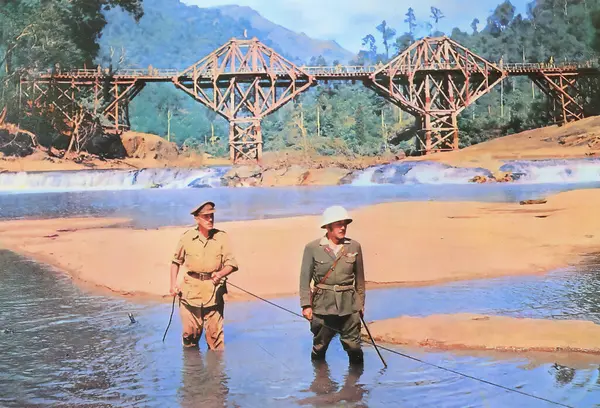 stock image Viersen, Germany - May 9. 2024: The Bridge on the River Kwai official cinema lobby card film scene with Sessue Hayakawa, Alec Guinness from 1957