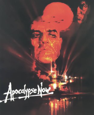 Viersen, Germany - May 9. 2024:  Apocalypse Now film cinema poster detail with Marlon Brando by Francis Ford Coppola from 1979 (focus on center) clipart