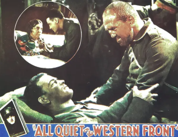 stock image Viersen, Germany - May 9. 2024:  All Quiet on the Western Front film cinema lobby card detail with Lew Ayres and Louis Wolheim from 1930 (focus on center)