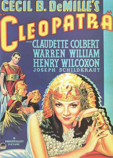 stock image Viersen, Germany - May 9. 2024:  Cleopatra film cinema poster detail with Claudette Colbert, Warren William,  Henry Wilcoxon from 1934 (focus on center)