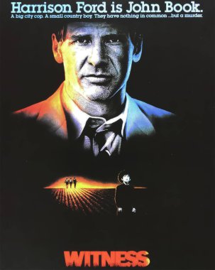 Viersen, Almanya - 9 Mayıs. 2024: Harrison Ford 'un 1985' teki tanık sinema afişi ayrıntıları (merkeze odaklan)