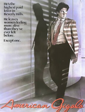 Viersen, Almanya - 9 Mayıs. 2024: Richard Gere ile birlikte orijinal Amerikan Jigolo film afişi detayları (merkeze odaklan)