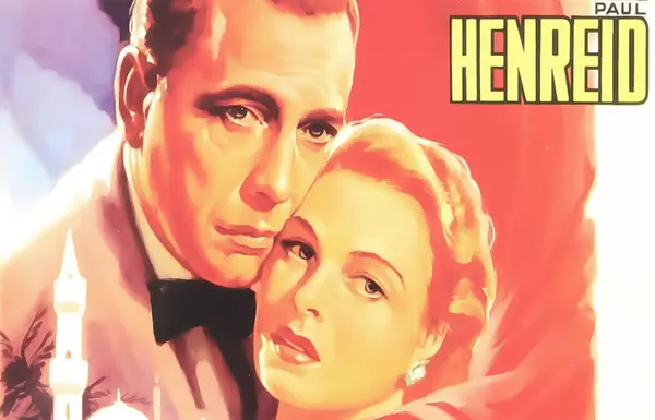 stock image Viersen, Germany - May 9. 2024: Cinema film poster detail from classic movie Casablanca with Humphrey Bogart and Ingrid Bergman from 1943 (focus on center)