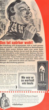 Viersen, Almanya - 9 Mayıs. 2024: Eski Alman retro dergisi Klosterfrau Melissengeist reklamcılık 1960 'lardan (üst yüzün merkezine odaklan)