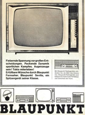 Viersen, Almanya - 9 Mayıs. 2024: Eski Alman retro Blaupunkt Television dergisi reklamı (merkeze odaklan)