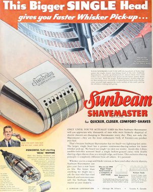 Viersen, Almanya - 9 Mayıs. 2024: Eski Amerikan retro dergisi Sunbeam Shavemaster elektrikli tıraş makinesi reklamı 1948 'den (merkeze odaklan)