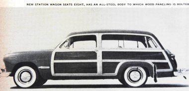 Viersen, Almanya - 9 Haziran. 2024: Woody Ford İstasyonu Wagon, 1948 'den itibaren ABD Amerikan dergisinde yayınlanan klasik reklam.)