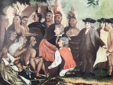 Viersen, Almanya - 9 Mayıs. 2024: Kızılderililerle Penn Antlaşması Boyama, William Penn ve Lenni Lenape Kızılderili kabilesi arasında Shackamaxon Delaware Nehri 1682 'de Edward Hicks tarafından yapılan toplantı)