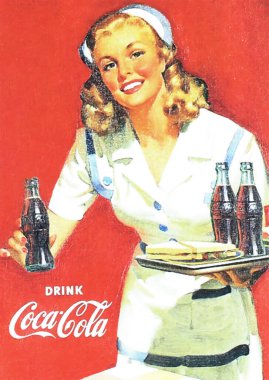 Viersen, Almanya - 9 Mayıs. 2024: 1940 'larda garson servisi ile birlikte klasik Coca Cola reklamı (merkeze odaklan)