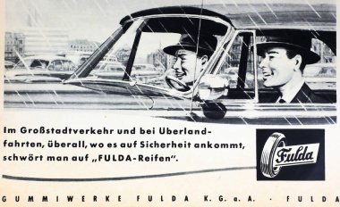 Viersen, Germany - May 9. 2024: Fulda car tires Black and white german magazine advertsing late 1950s (focus on center) clipart