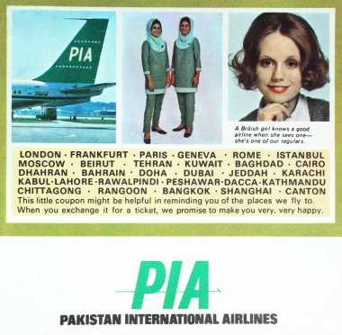 Viersen, Almanya - 9 Mayıs. 2024: Pakistan Uluslararası Havayolları PIA reklamı Amerikan dergisi 1960 'larda (daha düşük üçüncü merkezin odak noktası))