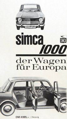 Viersen, Almanya - 3 Temmuz. 2024: Fransız Simca 1000 araba Alman reklam detayı 1960 'lardan (merkeze odaklan)