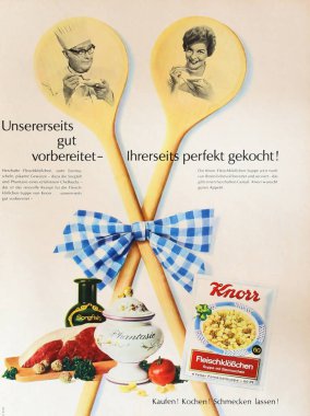 Viersen, Almanya - 9 Mayıs. 2024: Eski Alman retro dergisi Knorr hazır karışık köfte çorbası reklamı 1962 'den (merkeze odaklan)