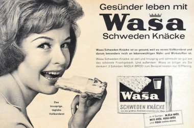 Viersen, Germany - May 9. 2024: Old black and white retro german magazine swedish crisp bread Wasa advertising from 1964  (focus on center) clipart