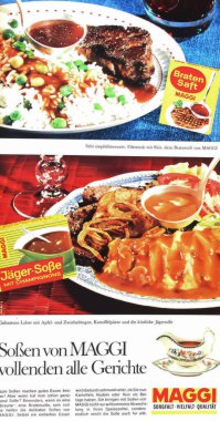 Viersen, Almanya - 9 Mayıs. 2024: Eski Alman retro Maggi Sosları dergisi reklamı (merkeze odaklan)