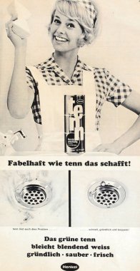 Viersen, Germany - May 9. 2024: Old german retro  Henkel Tenn bathroom cleaning agent magazine advertising from 1960s (focus on center) clipart