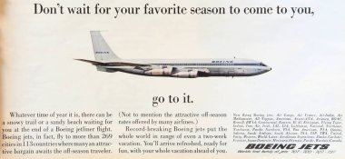 Viersen, Almanya - 9 Mayıs. 2024: Eski Amerikan retro dergisi Boeing Airplane reklamı)