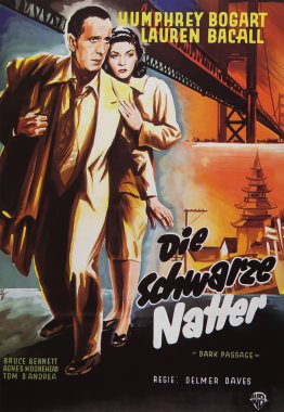 Viersen, Almanya - 9 Mayıs. 2024: Humphrey Bogart ve Lauren Bacall 'ın oynadığı Dark Passage film afişi (Almanca versiyonu) 1947' den (merkeze odaklan))