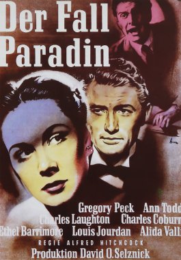 Viersen, Germany - May 9. 2024: The Paradine Case film cinema poster detail (German version) with Gregory Peck and Ann Todd from 1947 (focus on center) clipart